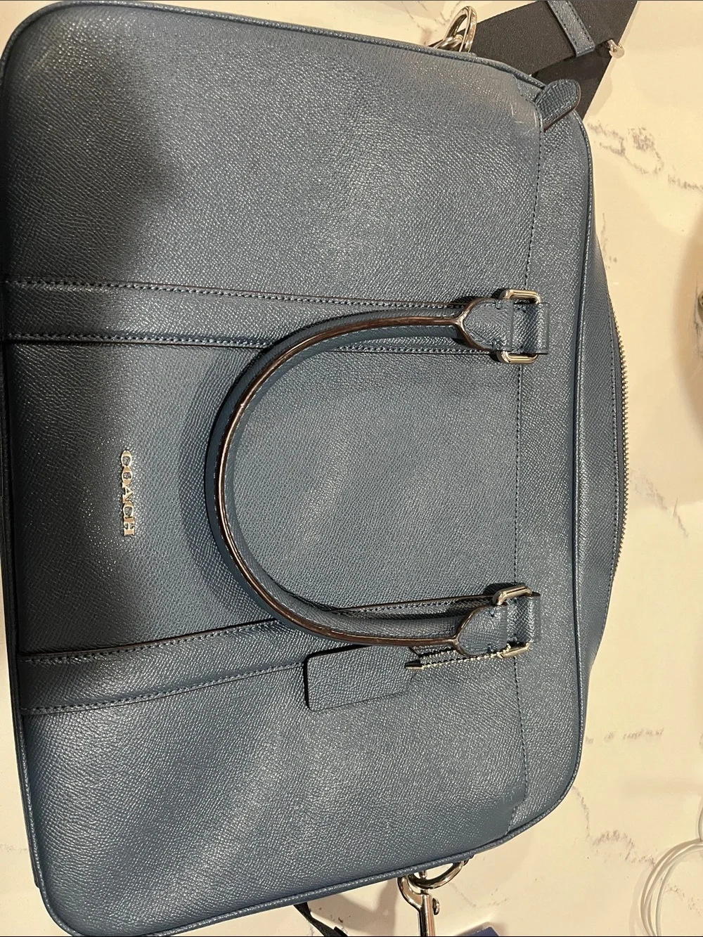 Coach Navy Leather Laptop Briefcase with Shoulder Strap mom